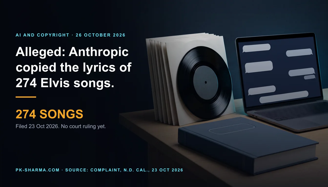 A dark desk. A stack of blank off white paper record sleeves with one black vinyl single leaning on them, a thick blank slate blue bound document with an empty label well, and an open laptop whose screen shows blank grey chat bubbles. The left of the picture is empty dark navy with the headline drawn over it: Alleged: Anthropic copied the lyrics of 274 Elvis songs. 274 songs.