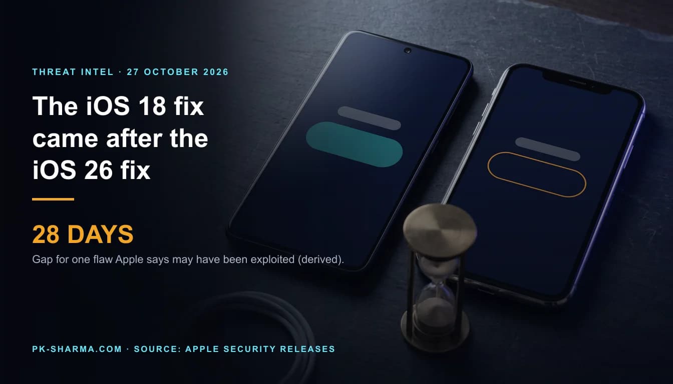 Two unmarked smartphones lie side by side on a dark slate desk. The newer phone on the left has a small round camera cut out and a solid teal blank pill on its screen. The older phone on the right has a wide notch and an amber outlined blank pill, still waiting. A brass sand timer with most of its sand run down stands between them and a white charging cable is coiled in the foreground. The left third is empty dark blue, with the headline and a stat drawn over it: 28 days.