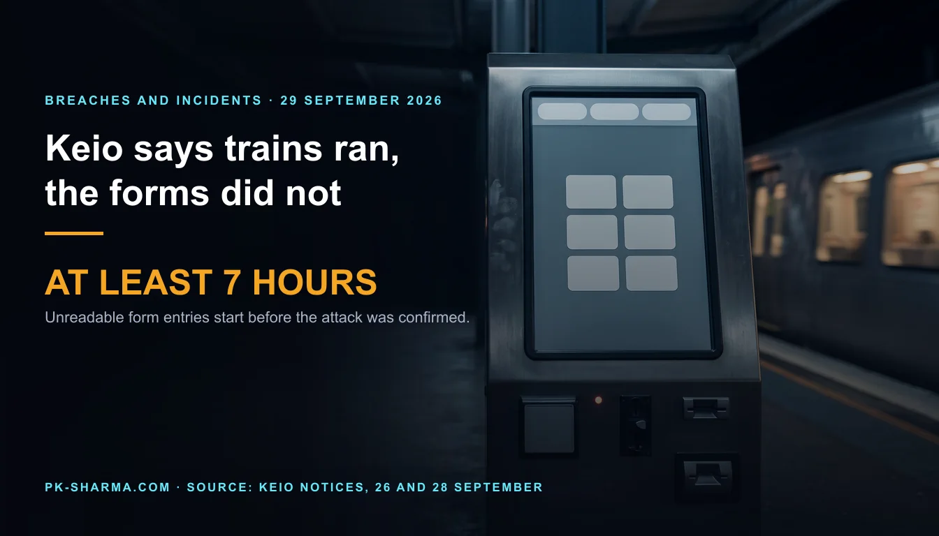 Editorial illustration for the briefing: Keio says trains ran, but customer forms went unreadable at least seven hours before it confirmed the attack