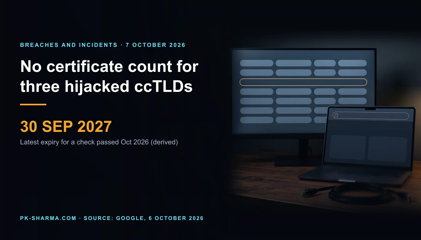 A dark desk at night with a monitor showing a table of blank rounded rows, one row outlined in amber, and in front of it an open laptop whose address bar, a blank rounded pill, carries a small amber padlock outline. A coiled black network cable lies on the walnut desk. There is no lettering anywhere and nobody is in the room.