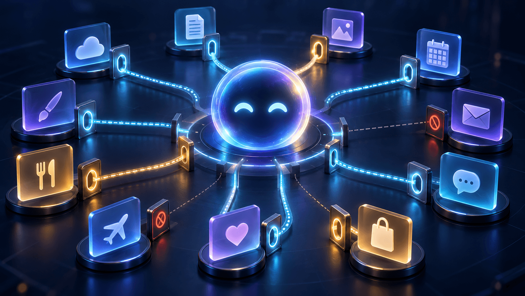 Editorial illustration of an AI assistant at the centre of permission-controlled connections to productivity, creative and lifestyle applications.