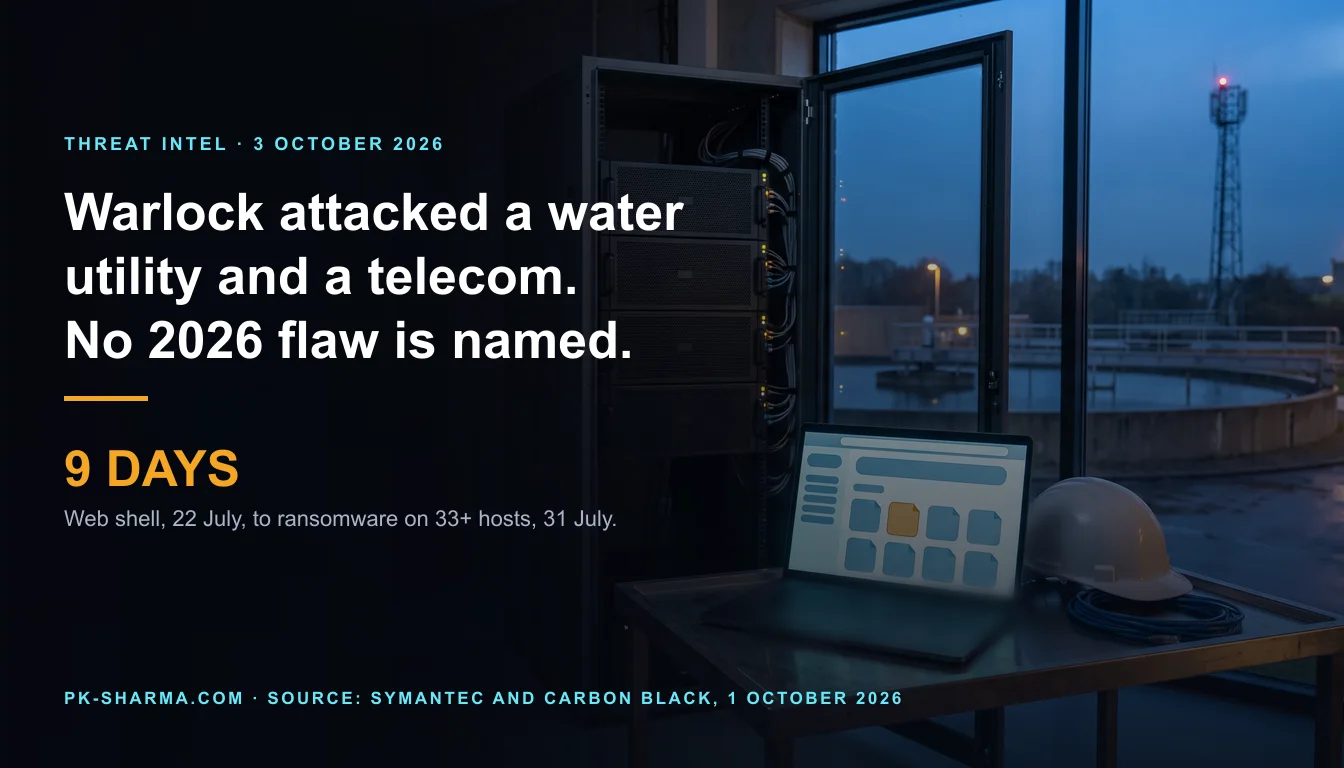 Editorial illustration for the briefing: Symantec says Warlock attacked a water utility and a telecom, and names no 2026 SharePoint flaw