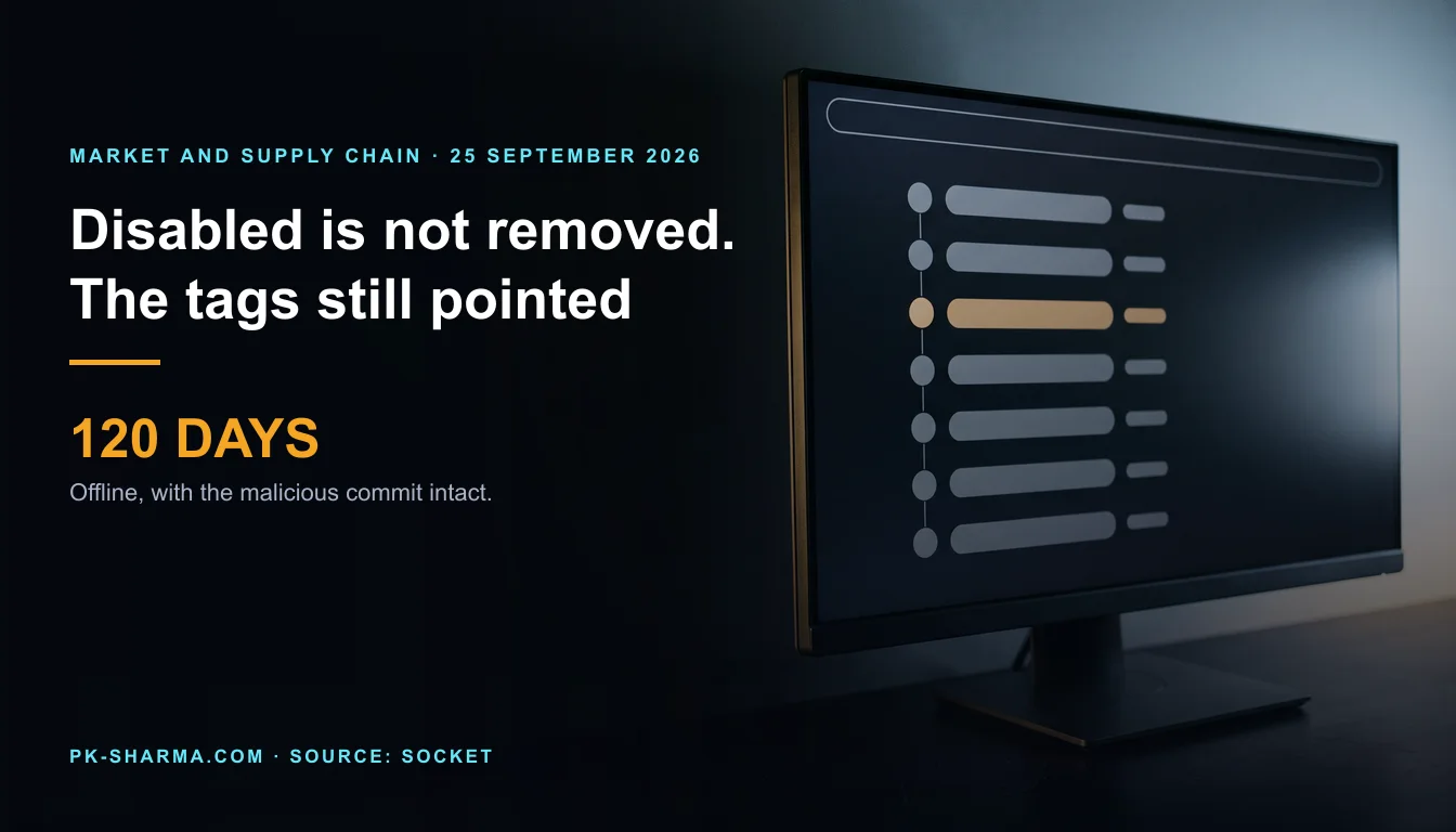 Editorial illustration for the briefing: Disabling a repository is not removing the malware, and on 16 September the tags started working again