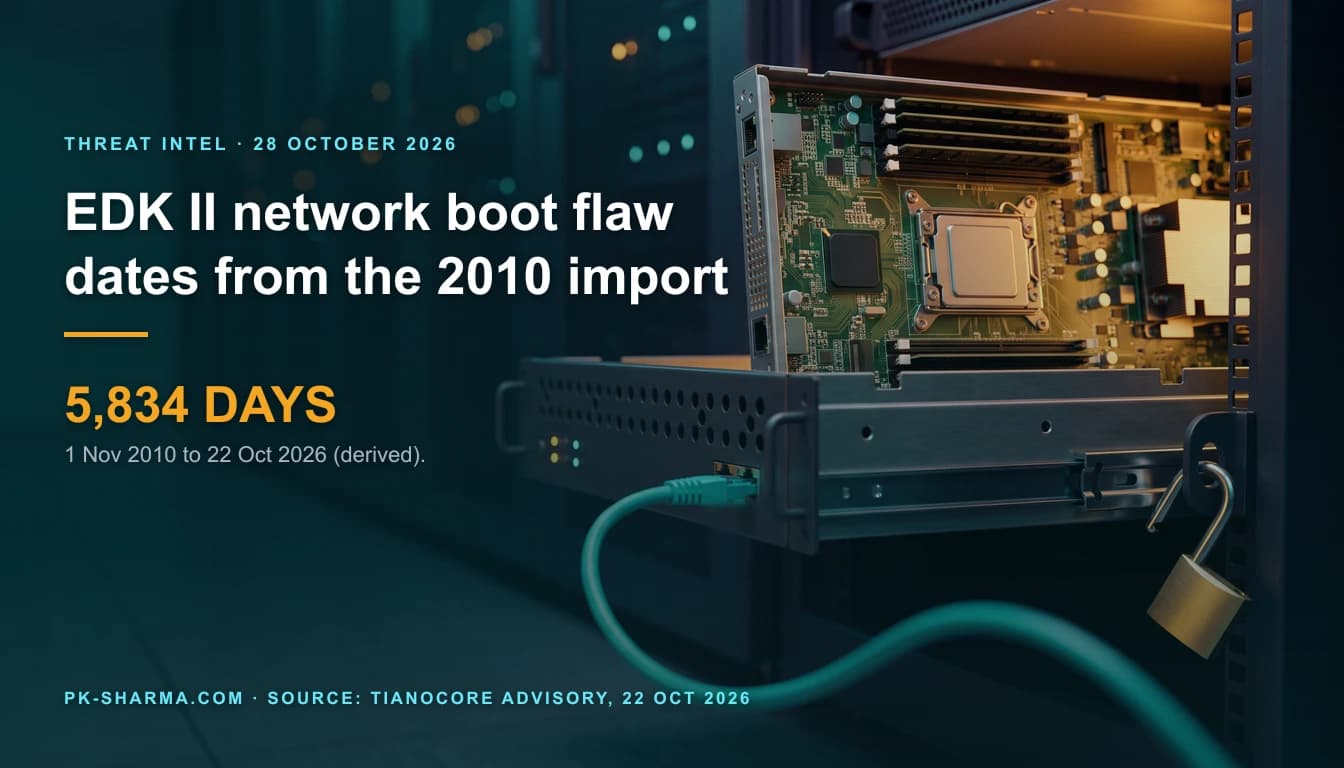 A large open rack server pulled out on rails in a dim data centre aisle, lit amber from inside, showing a green circuit board with a processor socket and memory slots. A teal network cable is plugged into its front port and a small brass padlock hangs open from the rack ear. The left half is a calm blurred teal aisle carrying the headline and the stat drawn over it: 5,834 days.