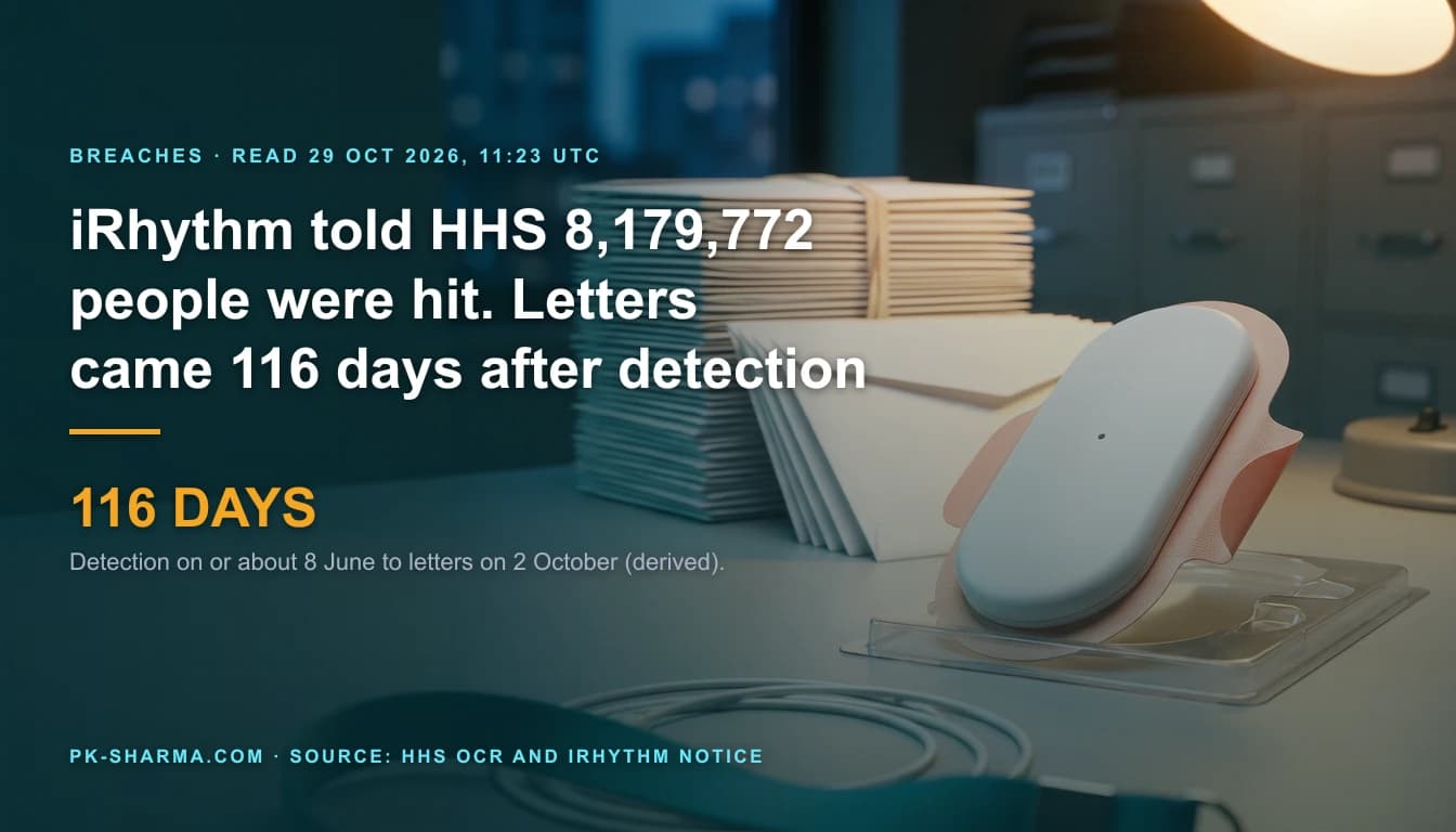 A clinic mail desk at dusk in teal and amber light. A large plain white wearable heart monitor patch with coral adhesive wings rests on its open clear tray, in front of a tall stack of blank white envelopes bound with a band and a fan of loose envelopes, with grey filing drawers and a lamp behind. The left side carries the headline and a stat: 116 days.
