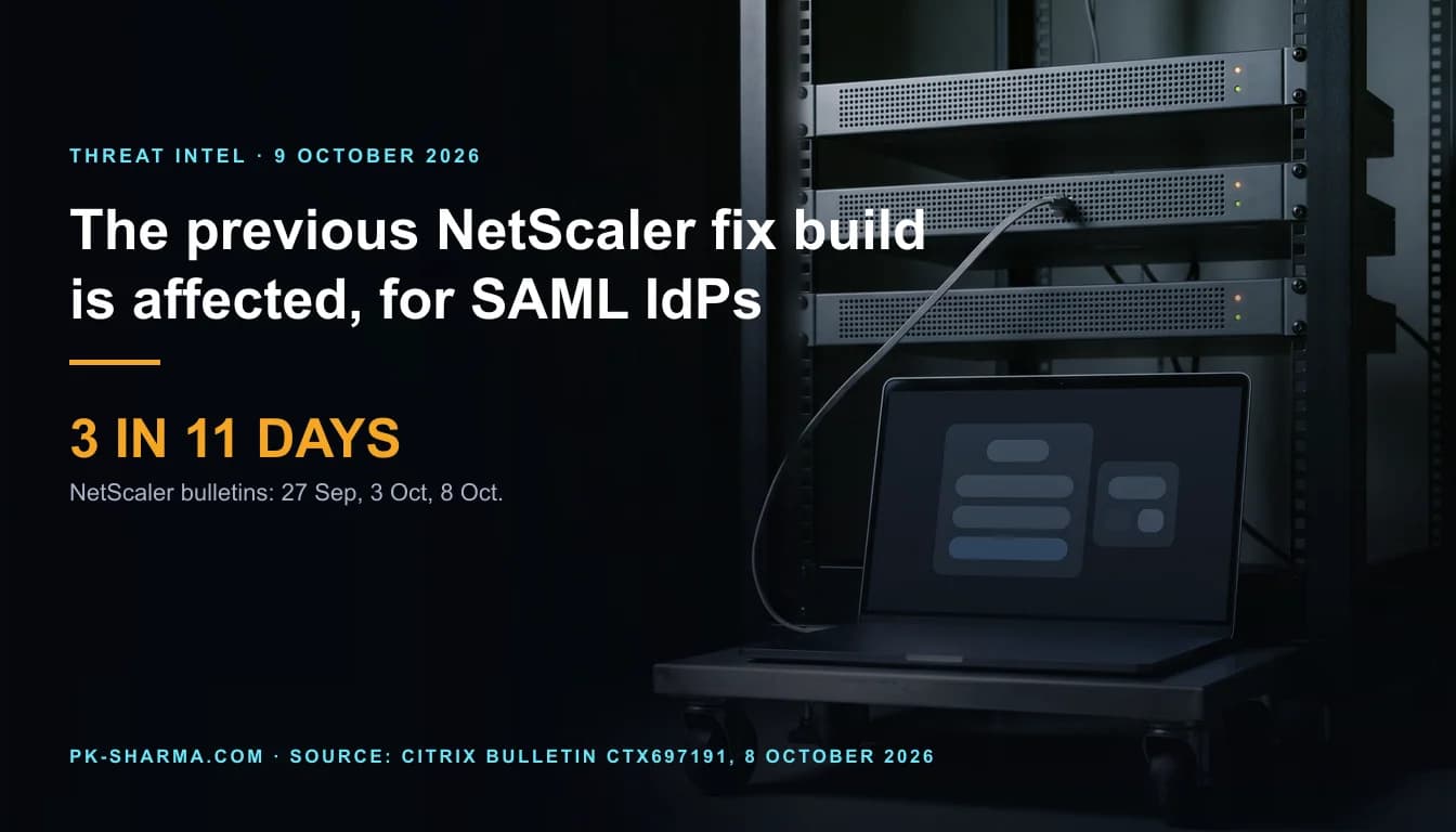 A dark equipment room: a black rack holds three identical graphite network appliances, each with one amber light, and below them a graphite laptop on a steel cart shows a blank sign-in screen of rounded empty fields. Text on the left reads: The previous NetScaler fix build is affected, for SAML IdPs. 3 in 11 days: NetScaler bulletins on 27 Sep, 3 Oct and 8 Oct.