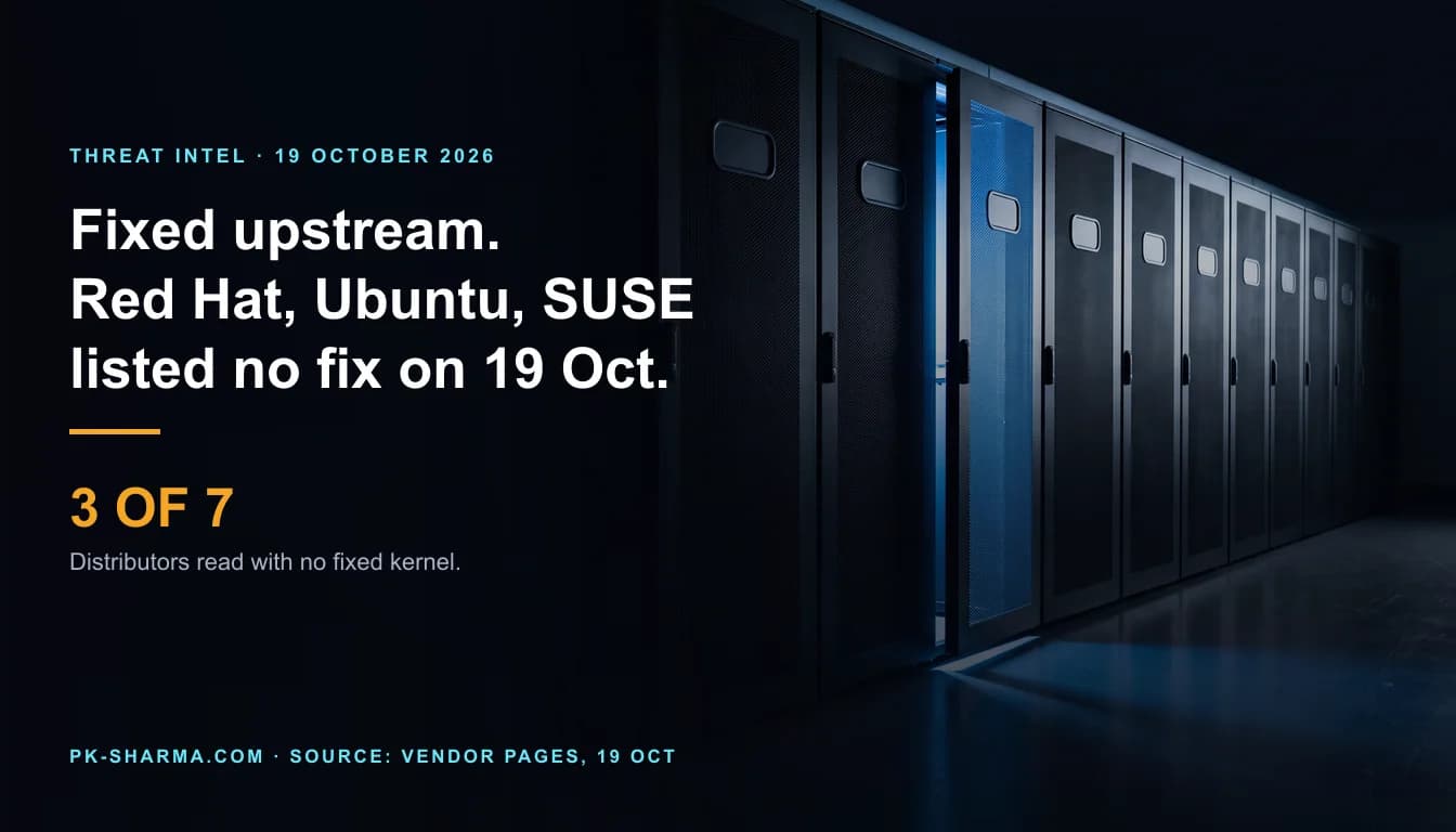 A dark data-centre aisle at night. A long row of identical black server cabinets with perforated doors recedes along the right of the frame, each door carrying a blank rounded label well. One door near the front stands slightly ajar and cold blue light spills out across the polished floor. The left half is empty dark navy, with the headline and a stat drawn over it: 3 of 7.