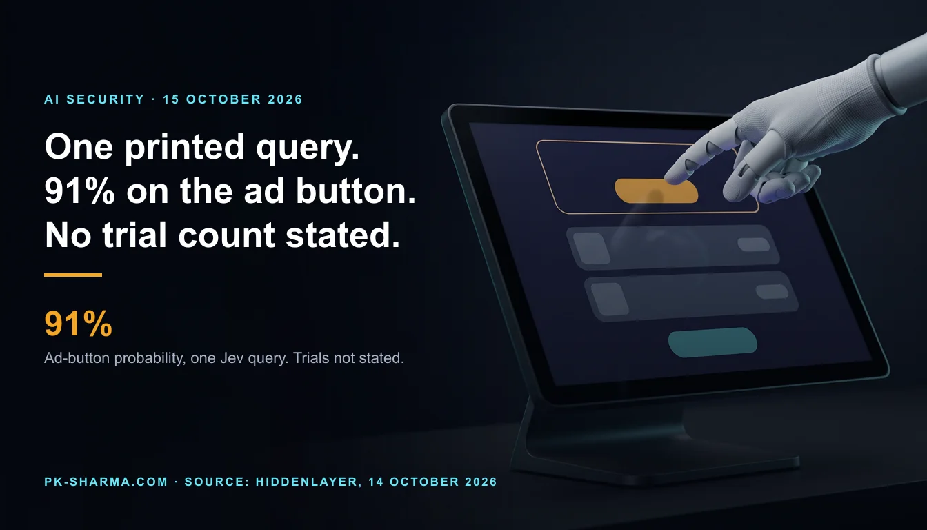 A dark shop counter with a checkout touchscreen on the right showing a blank page of empty rounded shapes: an empty amber button inside an outlined banner, two empty grey bars and an empty cyan button below. A pale robotic hand in a grey glove reaches in from the upper right with one finger over the amber button. The left half is empty dark blue, with the headline and a stat drawn over it: 91%.