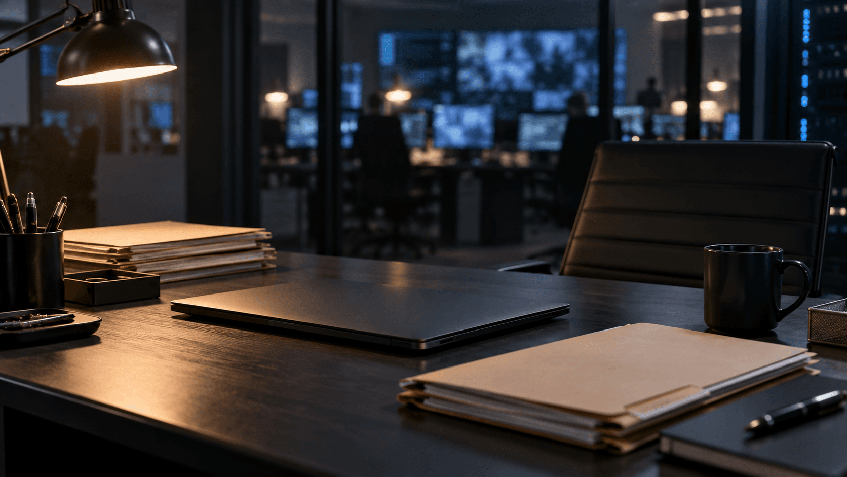 Conceptual law-enforcement evidence desk with closed laptop and folders