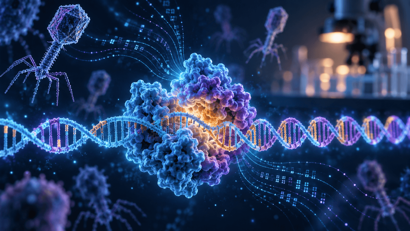 Editorial scientific illustration of a bacteriophage, a reverse-transcriptase enzyme complex and a repeating DNA array illuminated by computational pattern traces.
