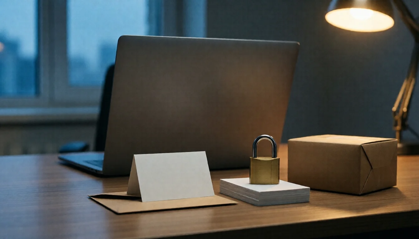 A closed laptop and a paper comment card on a desk beside a brass padlock and a sealed envelope, lit by a desk lamp