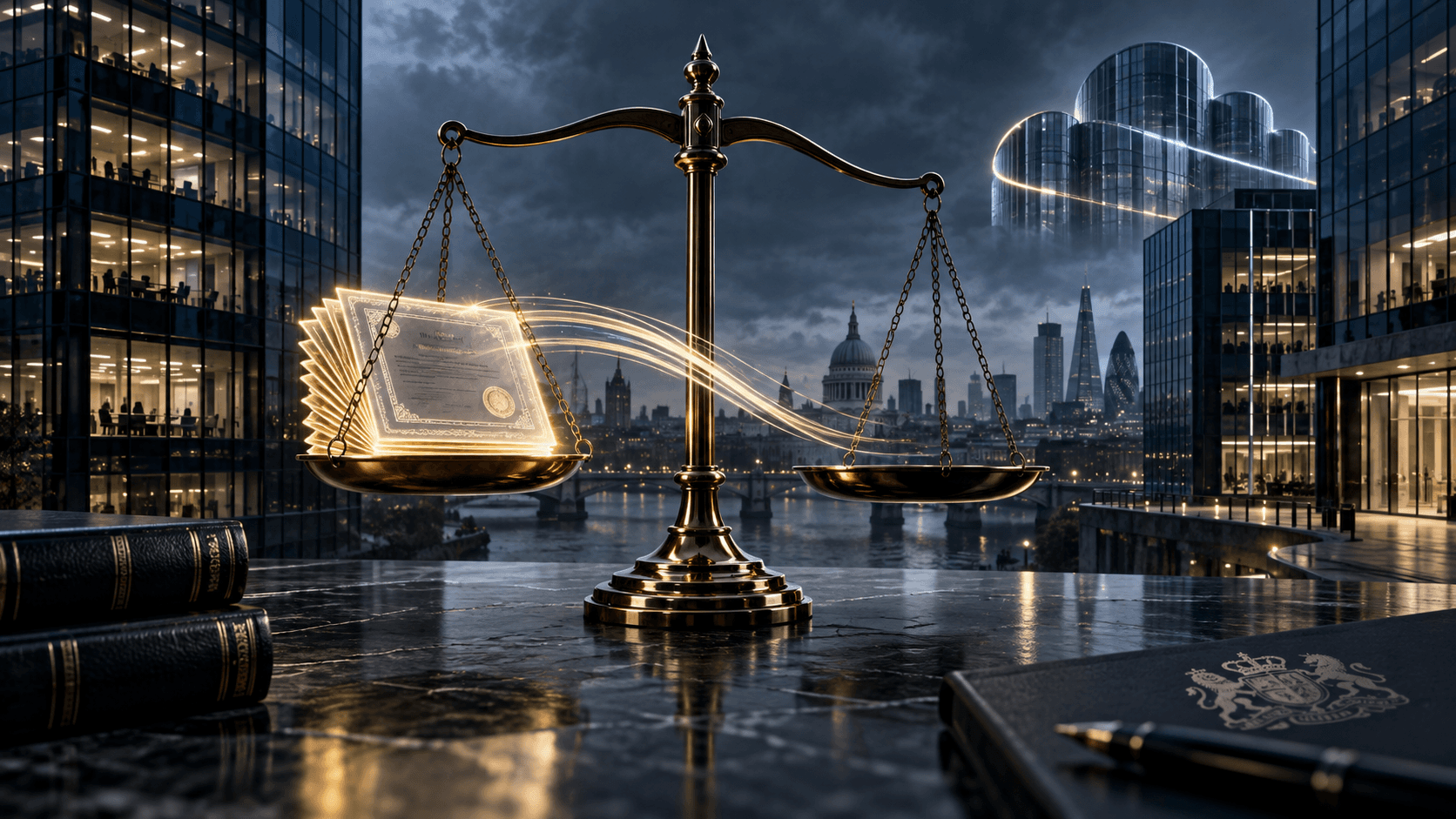 Software licence documents move between businesses across legal scales with the London skyline behind them.