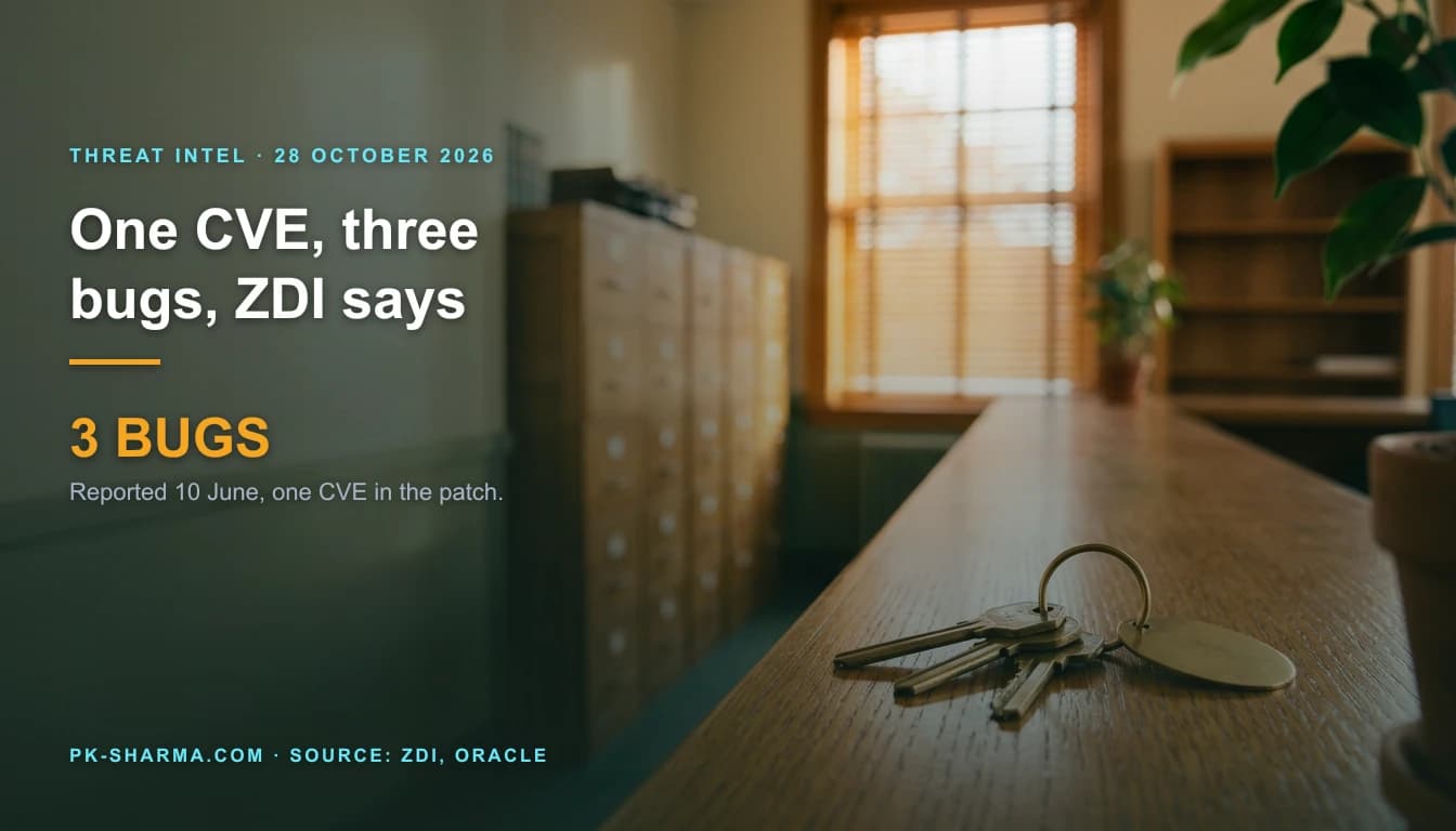 A university records office in late afternoon light. A long oak counter in the foreground carries a brass ring with three identical brass keys hanging from one blank brass tag, with oak filing cabinets and a sunlit window behind. The left side is calm and dark green, with the headline and a stat drawn over it: One CVE, three bugs, ZDI says, 3 BUGS.