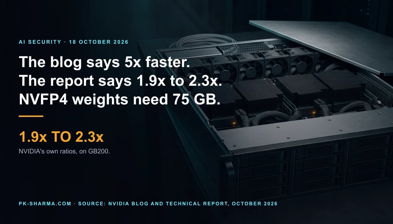 A dark data-centre aisle with a black rack-mount GPU server on a steel bench, its lid lifted off to show four finned heatsink blocks and a row of fan modules, the front panel of blank drive bays unmarked. The left half is empty dark teal with the headline drawn over it: the blog says 5x faster, the report says 1.9x to 2.3x, the NVFP4 weights need 75 GB.
