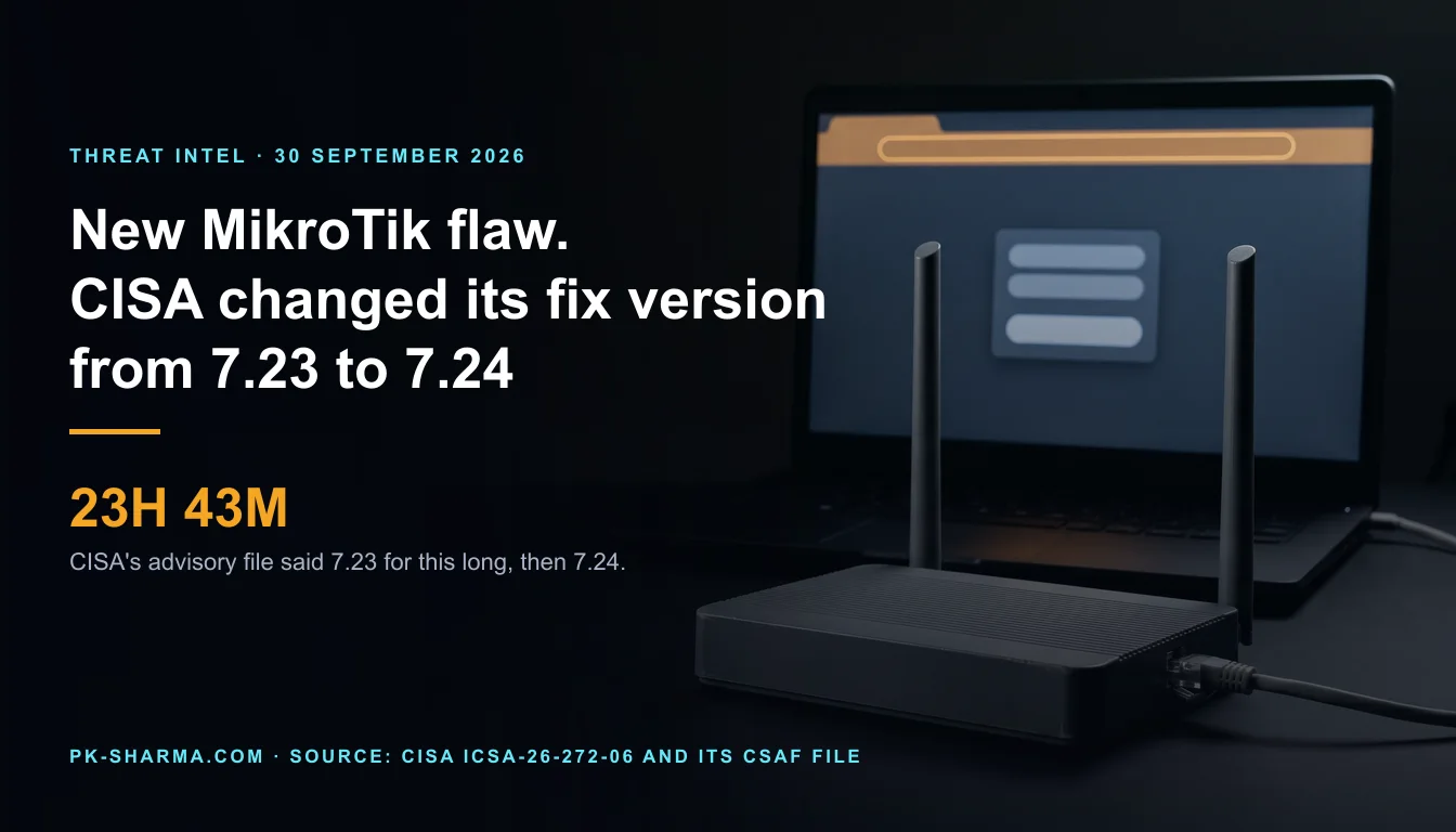 Editorial illustration for the briefing: A new MikroTik RouterOS flaw is not the exploited one, and CISA changed its fix version from 7.23 to 7.24