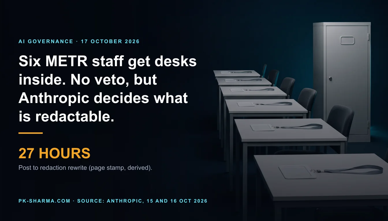 A dark open-plan office. Six identical pale grey desks recede in a row, each with one blank white visitor badge on a grey lanyard and an empty charcoal chair. A tall grey steel cabinet stands shut and locked beside the end of the row. The left half is empty dark blue, with the headline and a stat drawn over it: 27 HOURS.