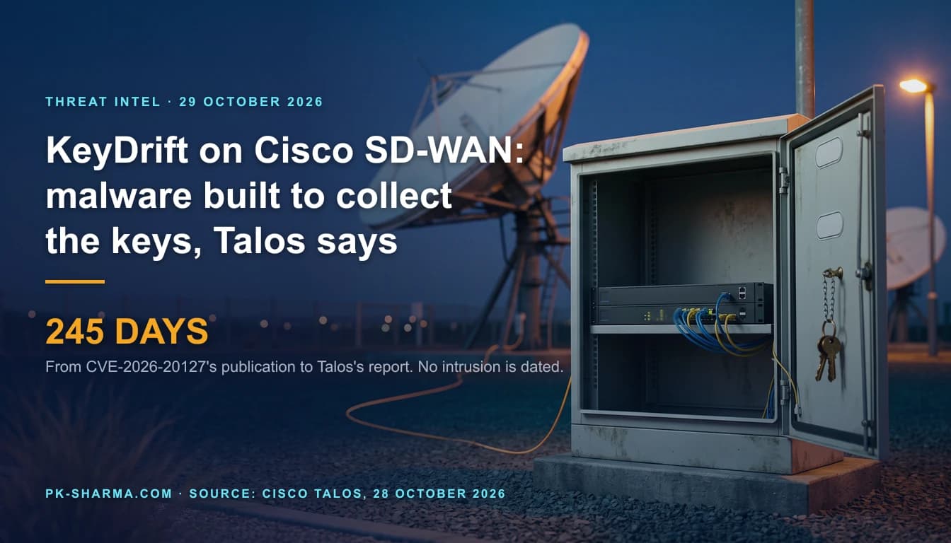 Blue hour at a satellite ground station. A weathered grey outdoor network cabinet stands open on a concrete plinth, a dark network appliance inside with blue and yellow cables, a ring of brass keys hanging from the inside of the door, and a thin amber cable running away across the gravel. Large white satellite dishes stand behind under a warm lamp. The left side carries the headline and the stat 245 days.