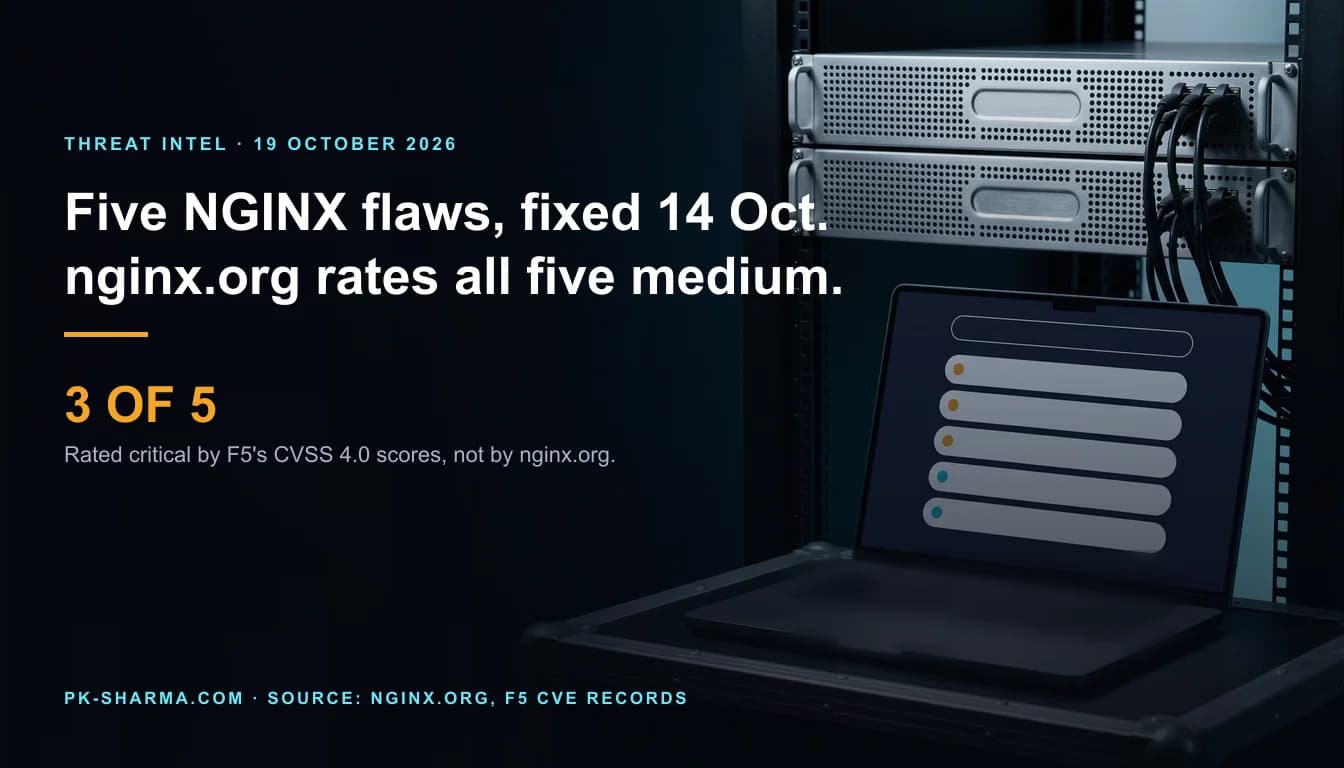 A dark room with a black server rack holding two brushed steel rack servers with blank recessed plates, and in front of it an open laptop on a black flight case. The laptop screen shows a list of five blank pale rows, the top three marked with amber dots and the bottom two with blue dots. The left half is empty dark blue, carrying the headline: five NGINX flaws, fixed 14 Oct, nginx.org rates all five medium, and the stat 3 of 5.