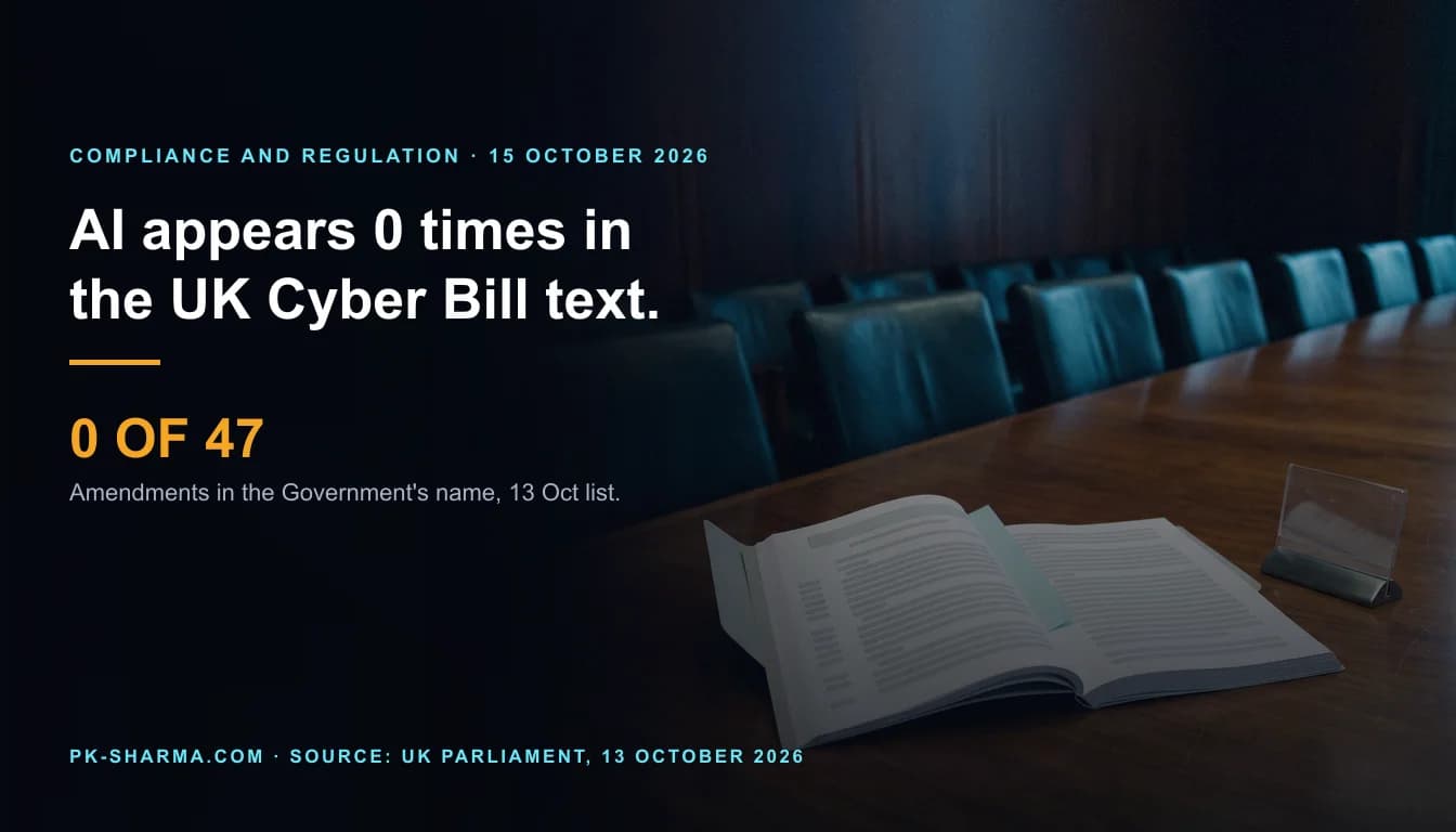 A dark committee room. A thick printed Bill lies open on a polished walnut table, its pages showing rows of blank grey bars where text would be, with a pale cyan paper slip between them. Beside it stands an empty clear name-card holder on a steel foot. A row of empty teal leather chairs recedes into shadow. The left half is empty dark blue, with the headline and a stat drawn over it: 0 of 47.
