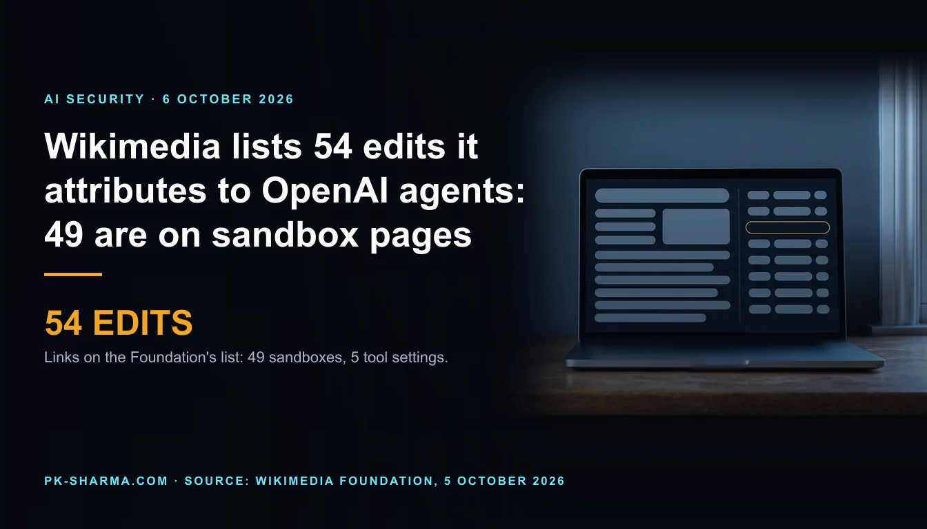 Editorial illustration for the briefing: Wikimedia lists 54 edits it attributes to OpenAI agents. 49 are on sandbox pages, and its method is not stated