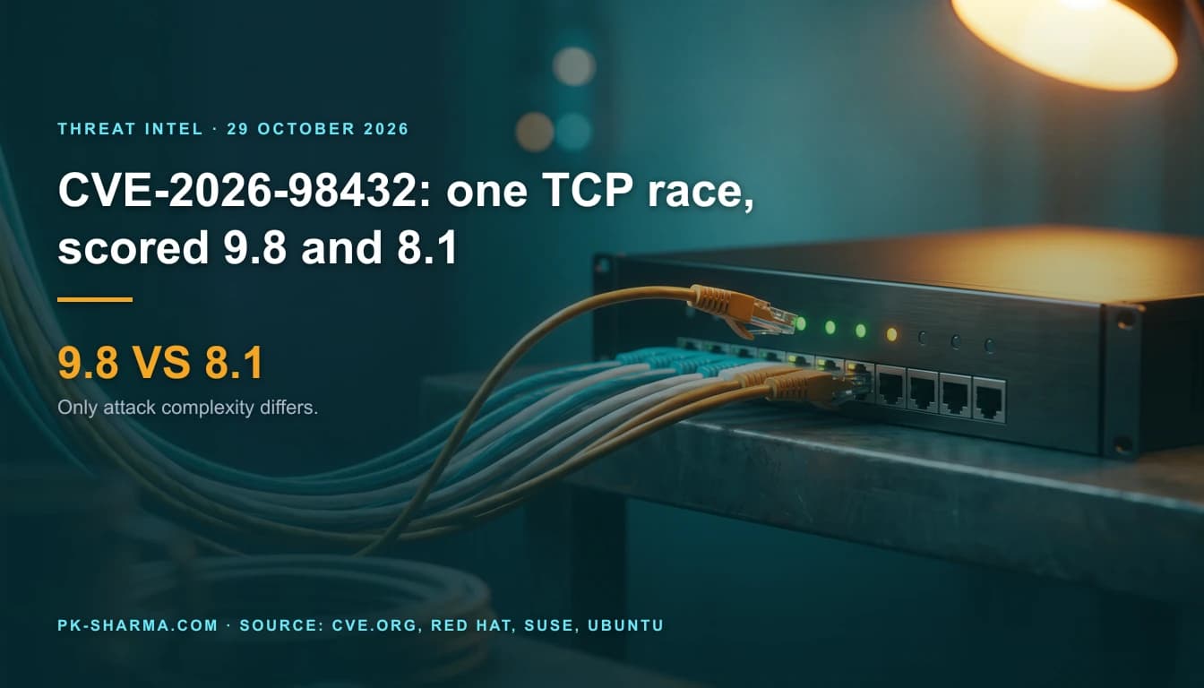A warm lamp lights a slim black server chassis on a steel workbench. A braid of cyan, white and amber network patch cables sweeps in from the left and plugs into its row of empty sockets, while one amber cable hangs in the air with its plug just short of a socket. The chassis front carries only plain status lights. The left half is dark teal, with the headline and the stat 9.8 vs 8.1 drawn over it.