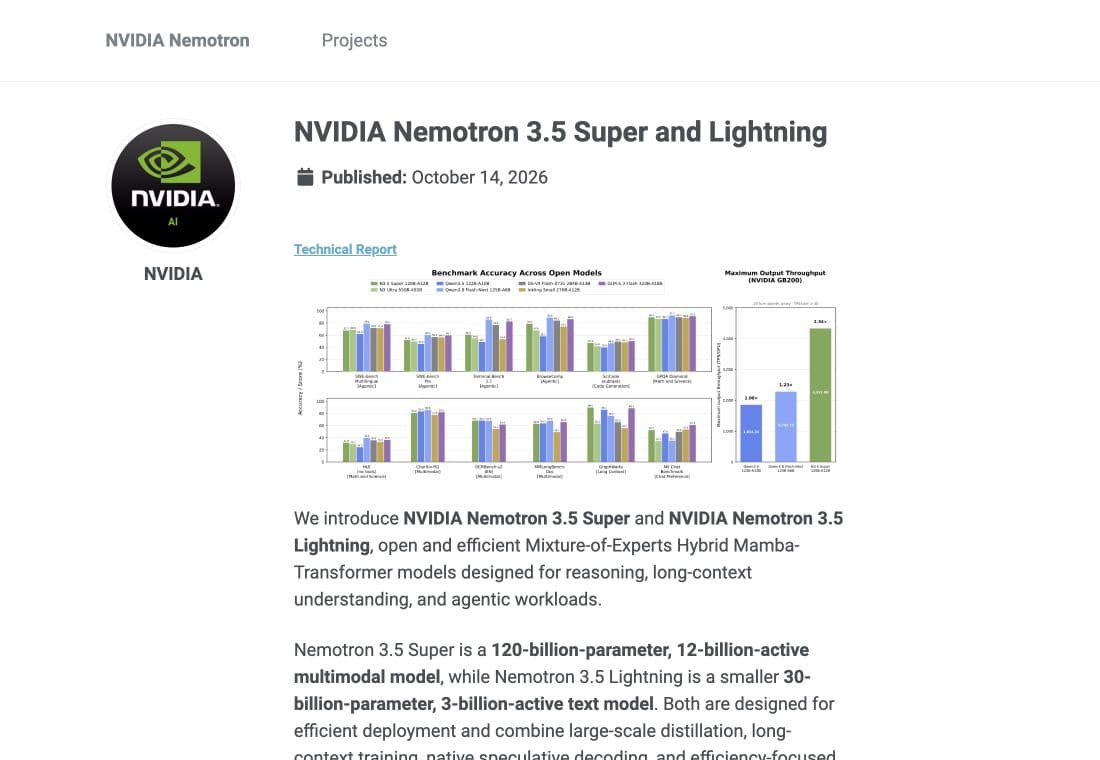 Genuine NVIDIA research-page screenshot with NVIDIA logo, the title NVIDIA Nemotron 3.5 Super and Lightning, a publication date of 14 October 2026 and vendor comparison charts.