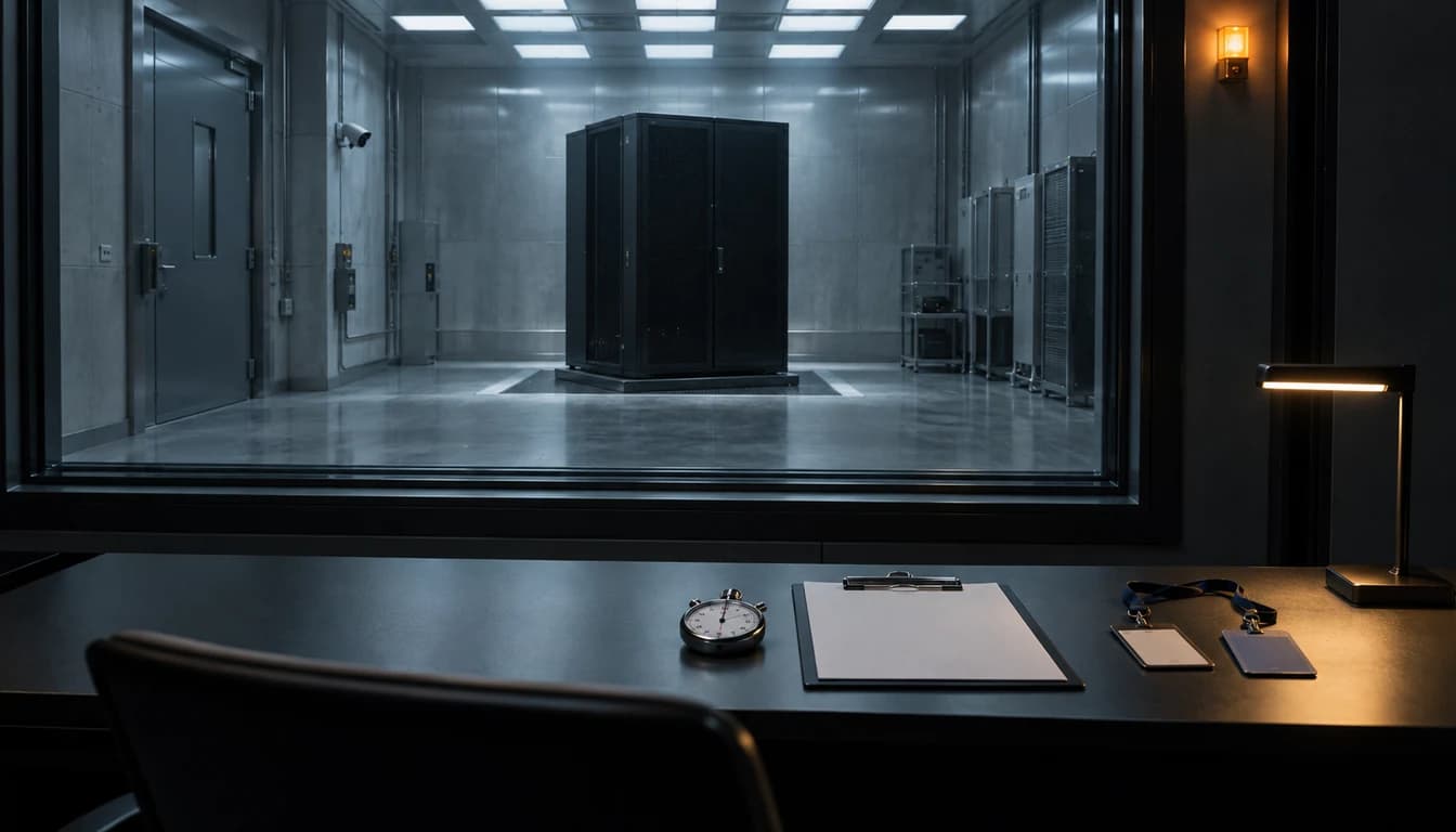 AI-generated policy editorial scene of a secure compute cabinet viewed from an independent evaluation desk.