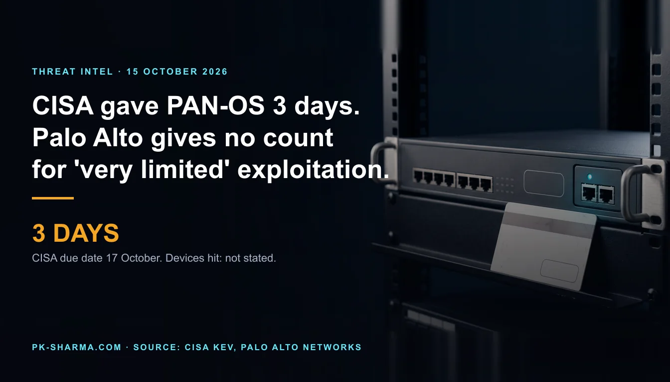 A dark server room, the left half empty dark blue with the headline and a stat drawn over it: 3 DAYS. On the right a flat grey rack-mount firewall appliance in a black rack, its faceplate unmarked, with a small separate two-jack panel at one end lit by a single cyan light. A plain blank off-white access card lies on the shelf below it.