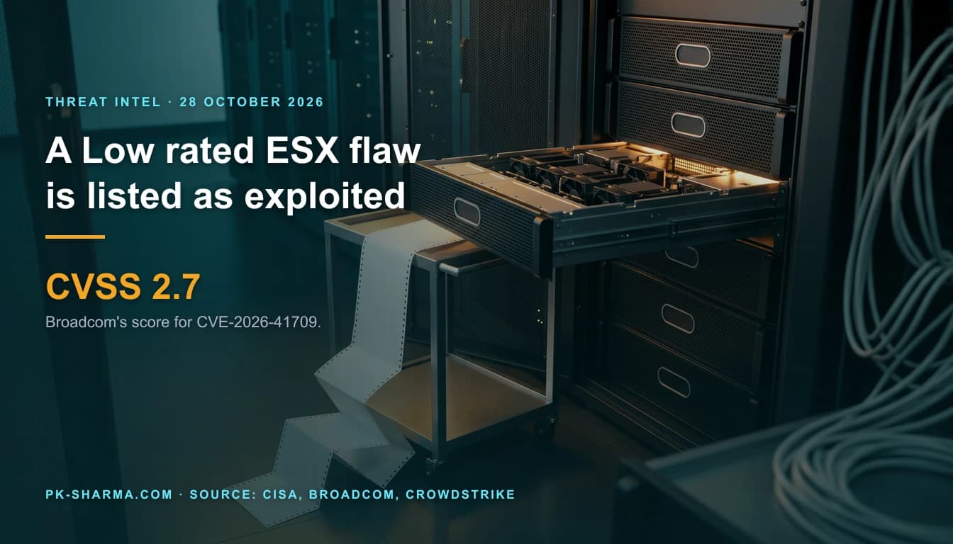 A teal lit datacentre aisle at night. A black server rack fills the right side with one plain rack server pulled half way out, its lid open and glowing amber. In front of it on a small steel cart a long blank fan fold paper printout falls to the floor. The left is calm teal, with the headline drawn over it: a Low rated ESX flaw is listed as exploited, CVSS 2.7.