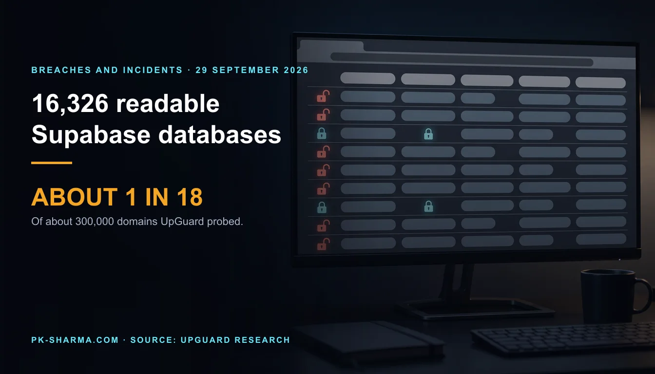 Editorial illustration for the briefing: UpGuard found 16,326 readable Supabase databases in about 300,000 domains probed, roughly one in 18
