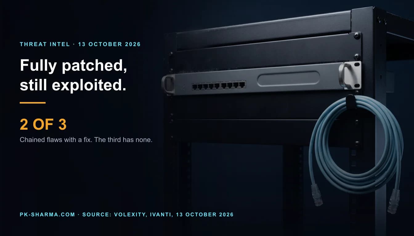 A dark equipment rack holding one plain grey rack-mounted network appliance, with a row of empty network jacks and a blank rounded plate on its faceplate, black blanking panels above and below, and a pale blue network cable hanging in a coil from a hook on the rack post. The left half is empty dark blue, with the headline and a stat drawn over it: Fully patched, still exploited, 2 of 3.