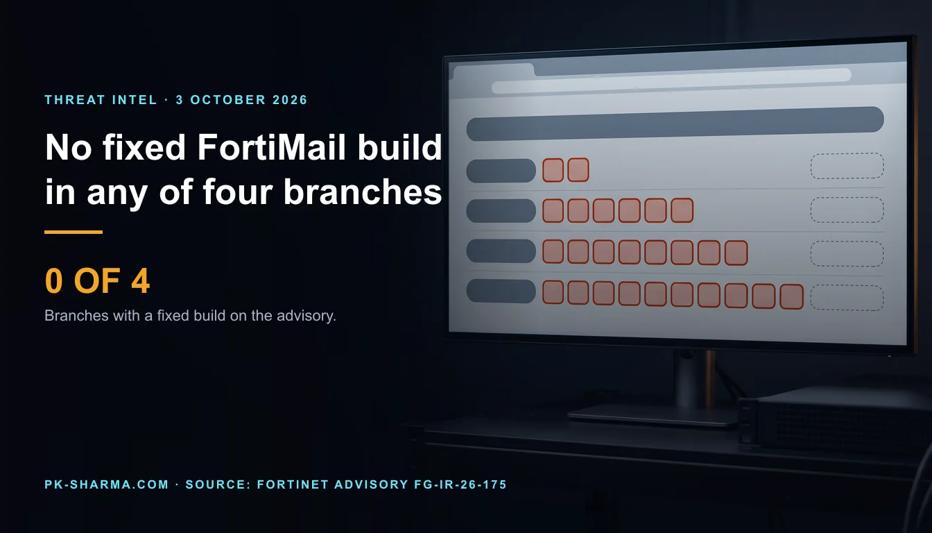 Editorial illustration for the briefing: FortiMail's exploited flaw has no fixed build in any of four branches, and CISA's deadline is 4 October