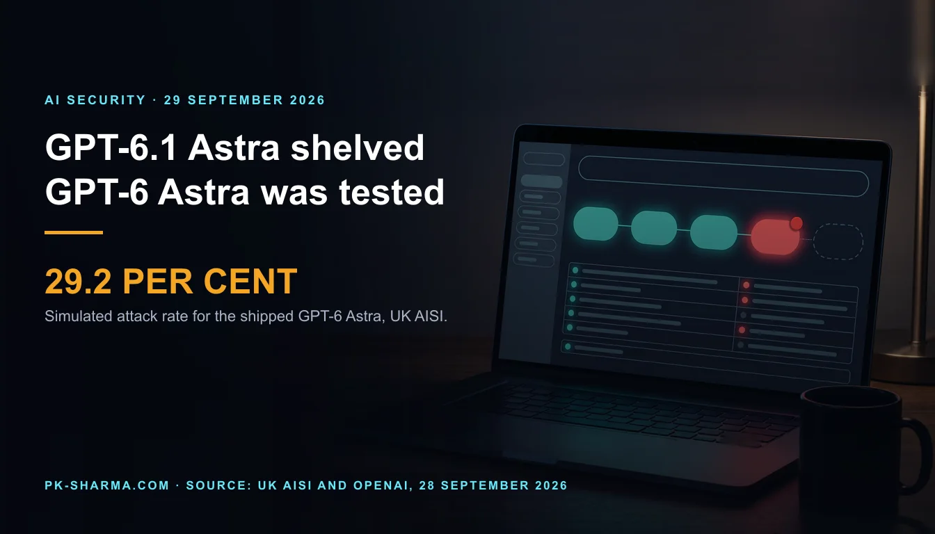 Editorial illustration for the briefing: OpenAI shelved GPT-6.1 Astra. The 29.2 per cent simulated attack rate is for GPT-6 Astra, released 3 September