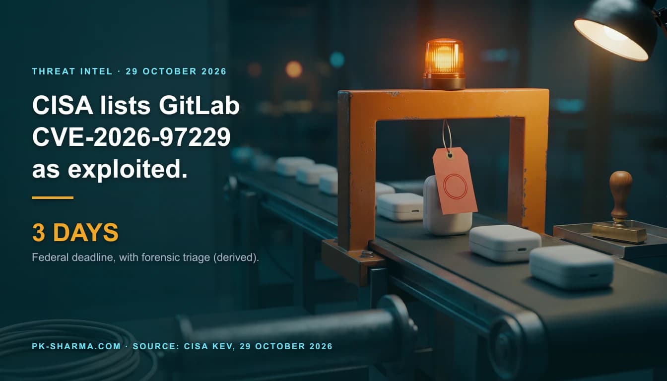 A dark petrol blue factory bay. A graphite conveyor belt carries identical blank white modules toward a heavy orange steel inspection gate with a glowing orange warning lamp on top. Under the gate one module has stopped with a blank red paper ticket stamped with a plain red ring hanging from it. A brass hand stamp rests in a tray beside the belt. The headline on the left reads: CISA lists GitLab CVE-2026-97229 as exploited. 3 DAYS.