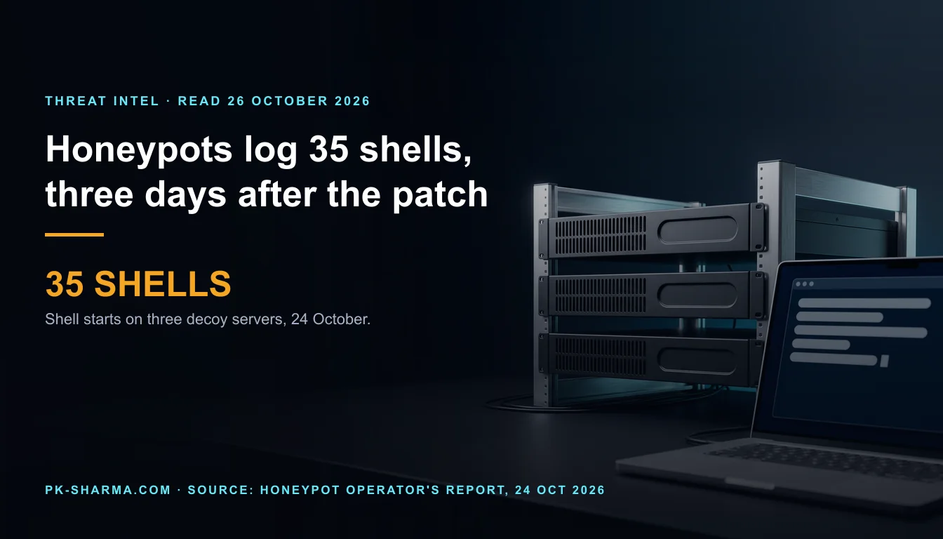A dark laboratory bench in dim blue light. Three identical black rack servers with blank recessed label plates stand stacked in an open steel rack on the right. A silver open laptop in front shows a navy window of blank grey bars and one short block. The left half is empty dark blue, with the headline and a stat drawn over it: 35 shells.
