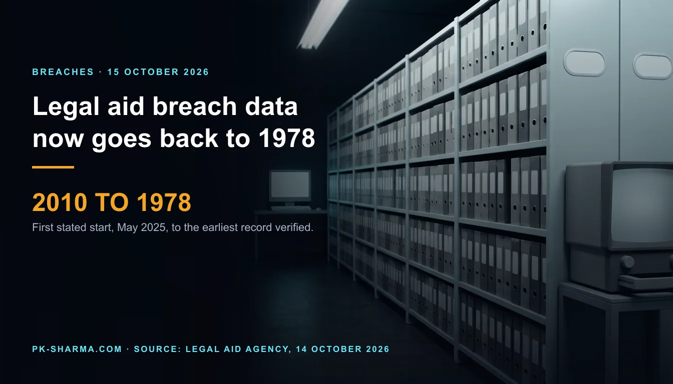 A dark records archive. One long bank of pale grey steel shelving runs away on the right, filled with identical grey ring binders whose spines carry empty label slots, with a blank grey microfilm viewer in the foreground. At the far end of the aisle one desktop terminal glows with an empty pale screen. The left half is empty dark blue, with the headline and a stat drawn over it: legal aid breach data now goes back to 1978, 2010 to 1978.