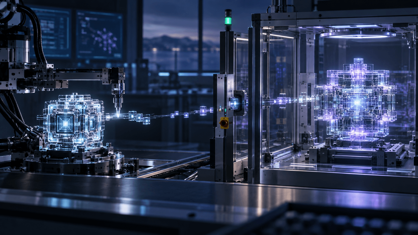 A luminous artificial intelligence processor helps construct a more advanced processor inside a supervised research facility.