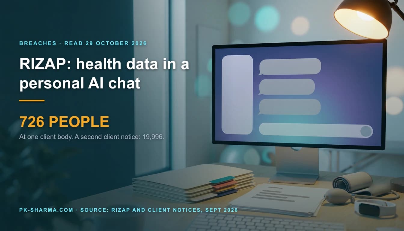 A bright health coaching desk. A large monitor shows a chat window made only of blank rounded shapes, with a blank input bar. In front of it sit a stack of cream record folders with coloured blank tabs, loose sheets, a rolled blood pressure cuff and a wellness band. A warm lamp lights the desk. The left side is calm dark teal, with the headline and the figure 726 people drawn over it.