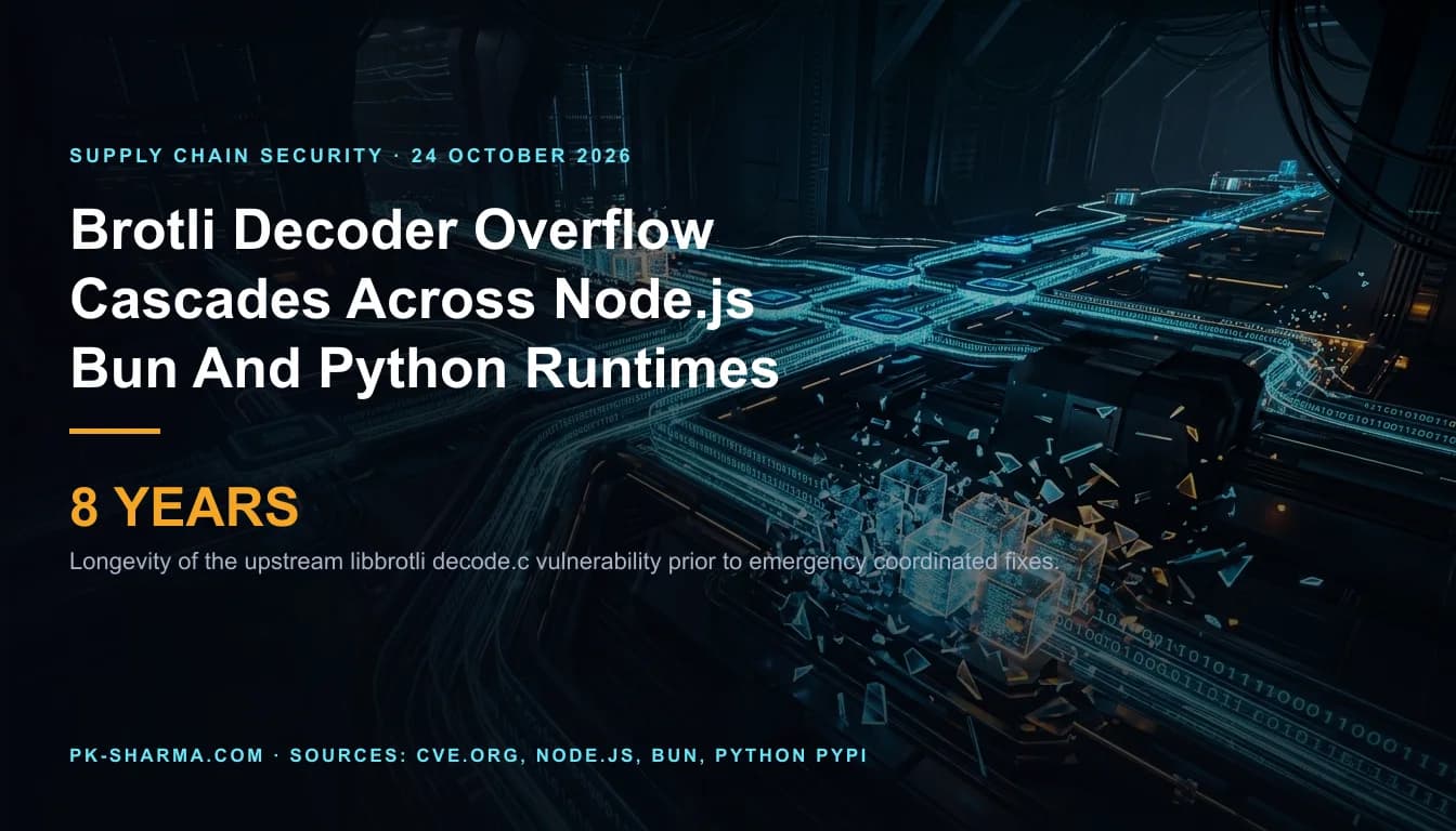 A complex data pipeline where compressed binary streams flow into server software cores, with memory safety boundaries fracturing under heap overflow.