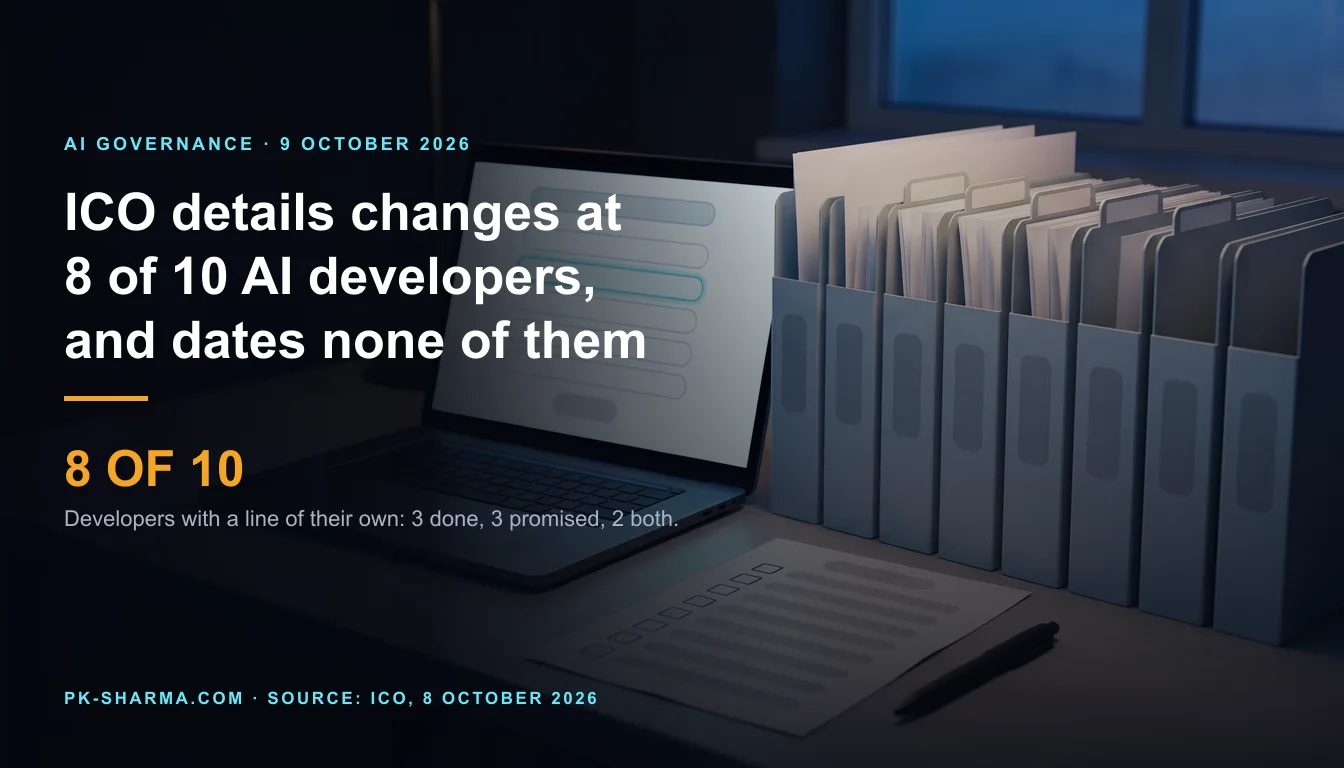A regulator's desk at dusk with a row of identical pale grey-blue folders, some with a blank sheet sliding out, a printed checklist with empty boxes, a pen and an open laptop showing a blank response form. No people. Overlaid text reads ICO details changes at 8 of 10 AI developers, and dates none of them, plus 8 of 10, developers with a line of their own: 3 done, 3 promised, 2 both.