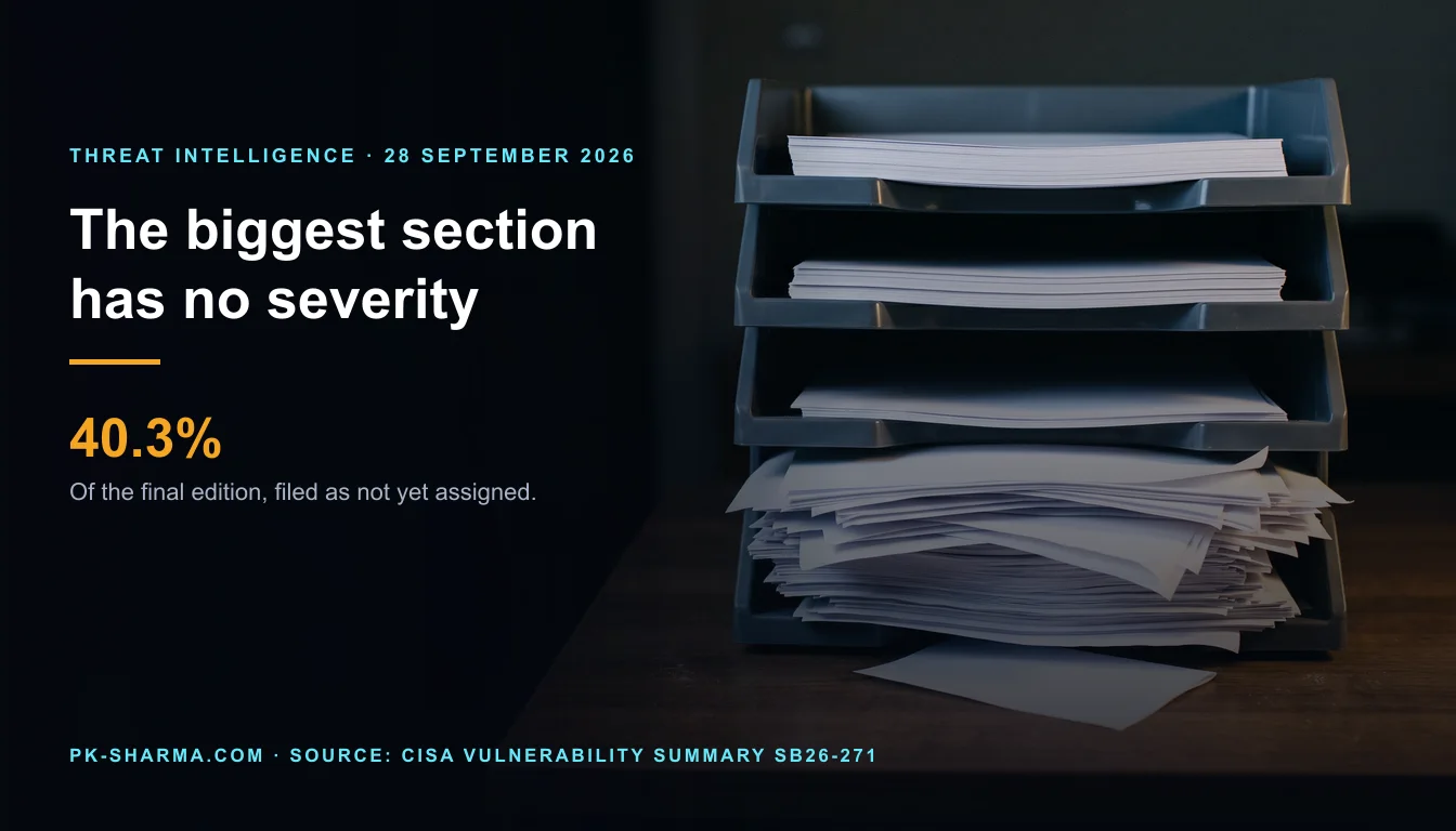 Editorial illustration for the briefing: CISA's weekly vulnerability bulletin ends today. The largest section of the final edition has no severity at all