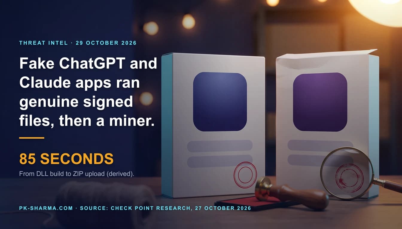 Two near identical white software boxes on a dark bench in warm amber and cool cyan light. Each has a blank indigo rounded square and two empty grey bars. The left box is pristine with a crisp red ink ring stamp; the right one is crooked, torn at the top fold, a shade too purple, with a smudged stamp seen through a brass magnifying glass. A brass stamp and ink pad lie in front. The headline on the left reads: Fake ChatGPT and Claude apps ran genuine signed files, then a miner. 85 seconds.