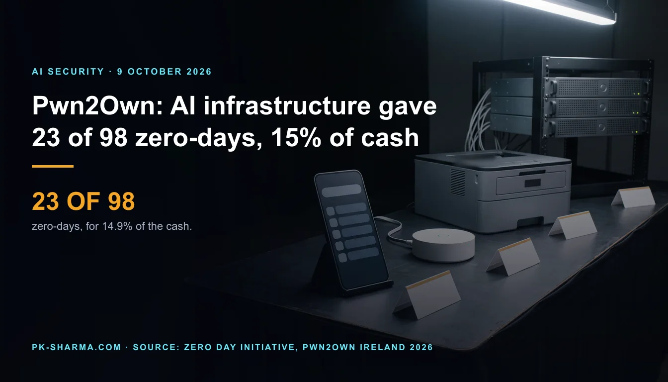 A dark exhibition-hall bench holding a smartphone on a stand showing blank rounded rows, a white smart-home hub, a grey printer and a small server rack, each with a blank white card in front. Text on the left reads: Pwn2Own: AI infrastructure gave 23 of 98 zero-days, 15% of cash. 23 OF 98 zero-days, for 14.9% of the cash.