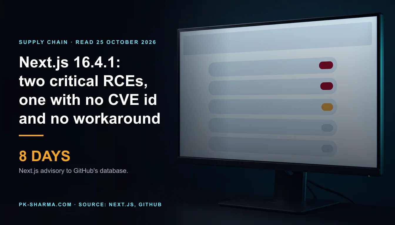 A dark desk with one monitor on the right showing five pale rows, two with a red badge, one with an amber badge and two with grey badges. The left half is empty dark blue and carries the headline, Next.js 16.4.1, two critical RCEs, one with no CVE id and no workaround, and the stat 8 days: Next.js advisory to GitHub's database.