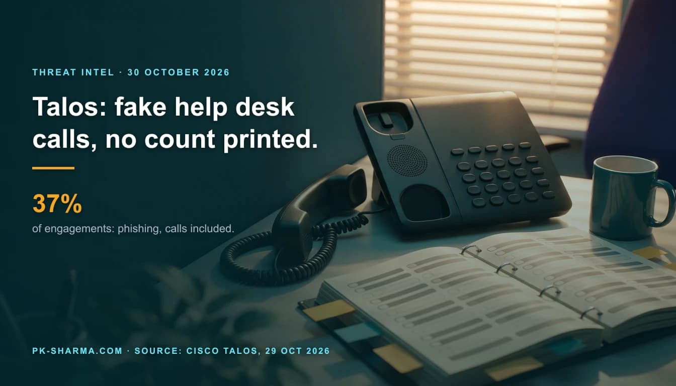 A tidy office desk in warm evening light through window blinds. A black desk telephone with a blank keypad has its handset off the hook, lying on a looped coiled cord beside an open ring bound staff directory whose pages show only grey bars, with amber and teal sticky notes along its edge and a teal coffee mug behind. The left of the picture is deep teal and carries the headline Talos: fake help desk calls, no count printed, and a stat: 37 percent.