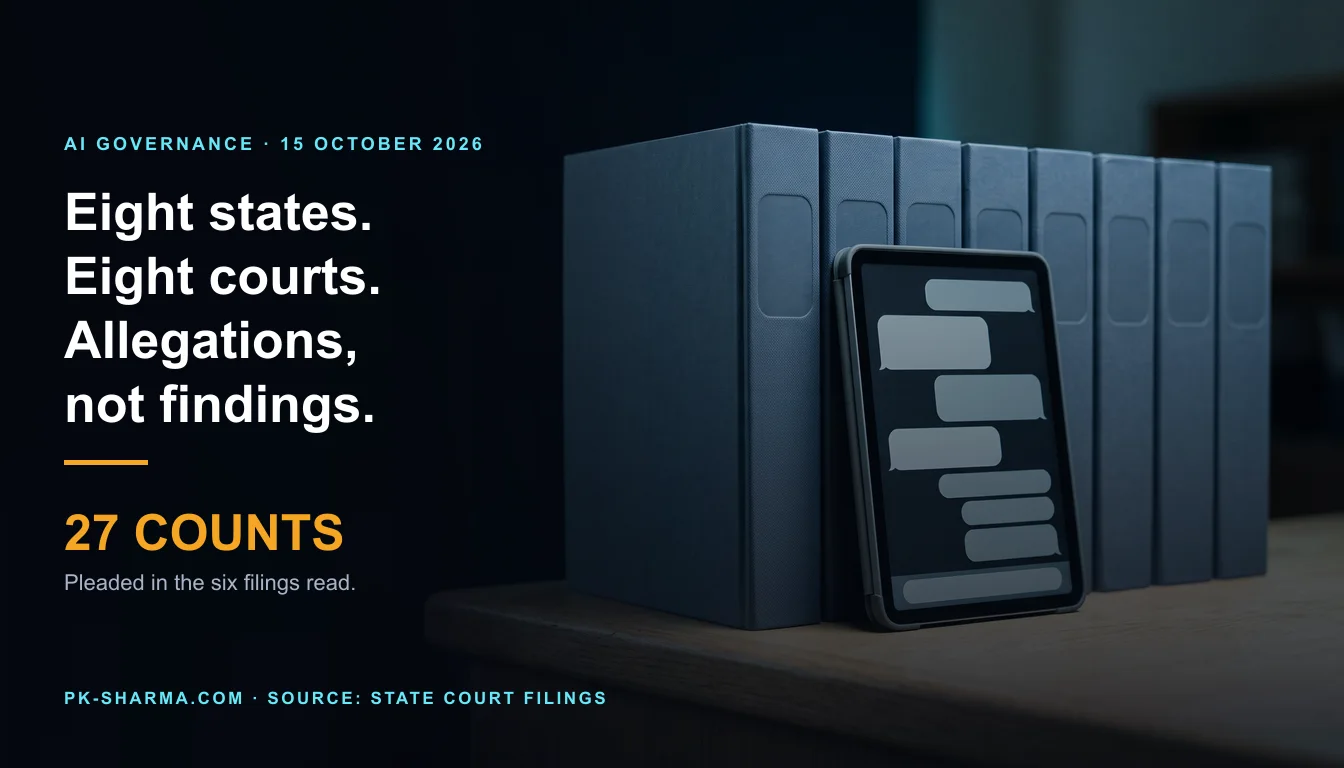 Eight identical blank slate-blue bound court files stand in a row on a pale oak records-office counter, with a tablet computer leaning against them showing blank grey chat bubbles. The left of the picture is dark navy with the headline: Eight states. Eight courts. Allegations, not findings. 27 counts.