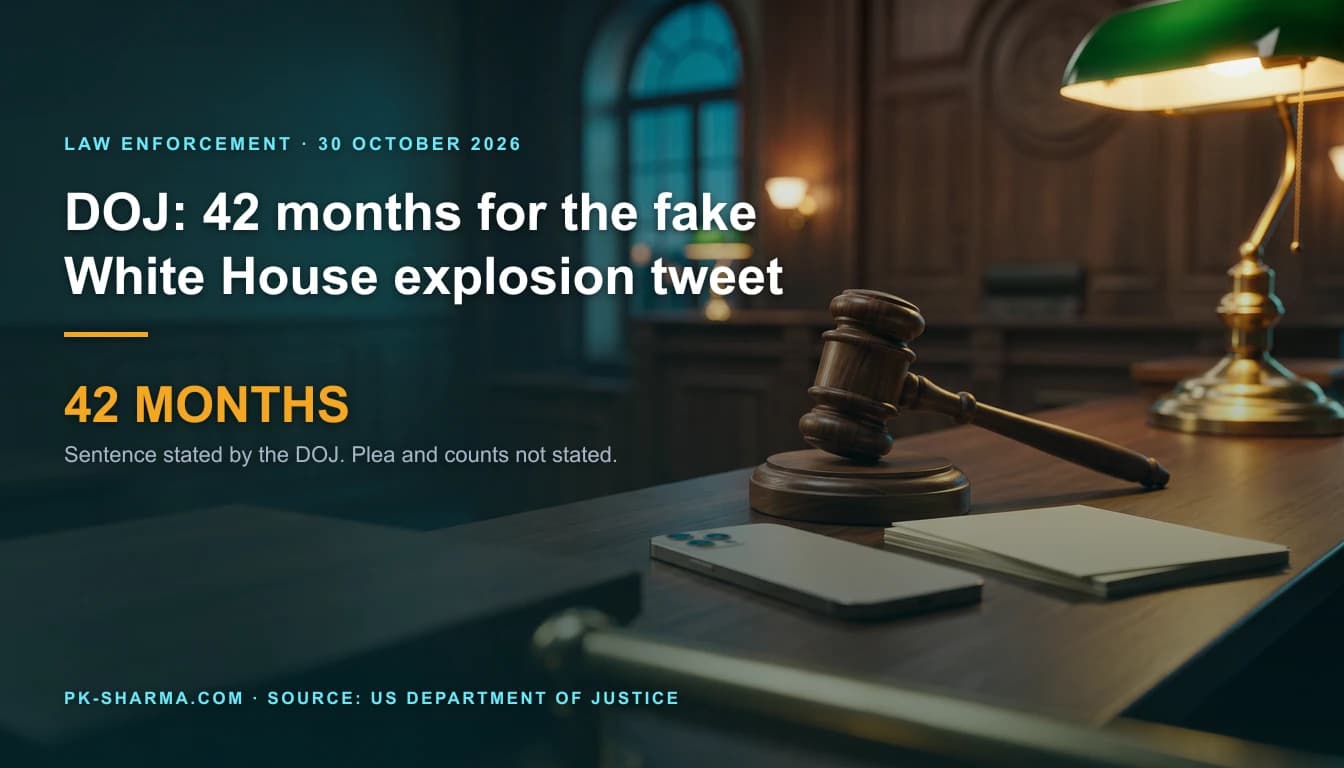 An evening courtroom judge's bench in warm lamp light: a wooden gavel on its block, a smartphone lying face down and a small stack of blank paper on a dark walnut bench top, with a green shaded brass lamp and a teal dusk window behind. The headline on the left reads: DOJ: 42 months for the fake White House explosion tweet. 42 MONTHS.
