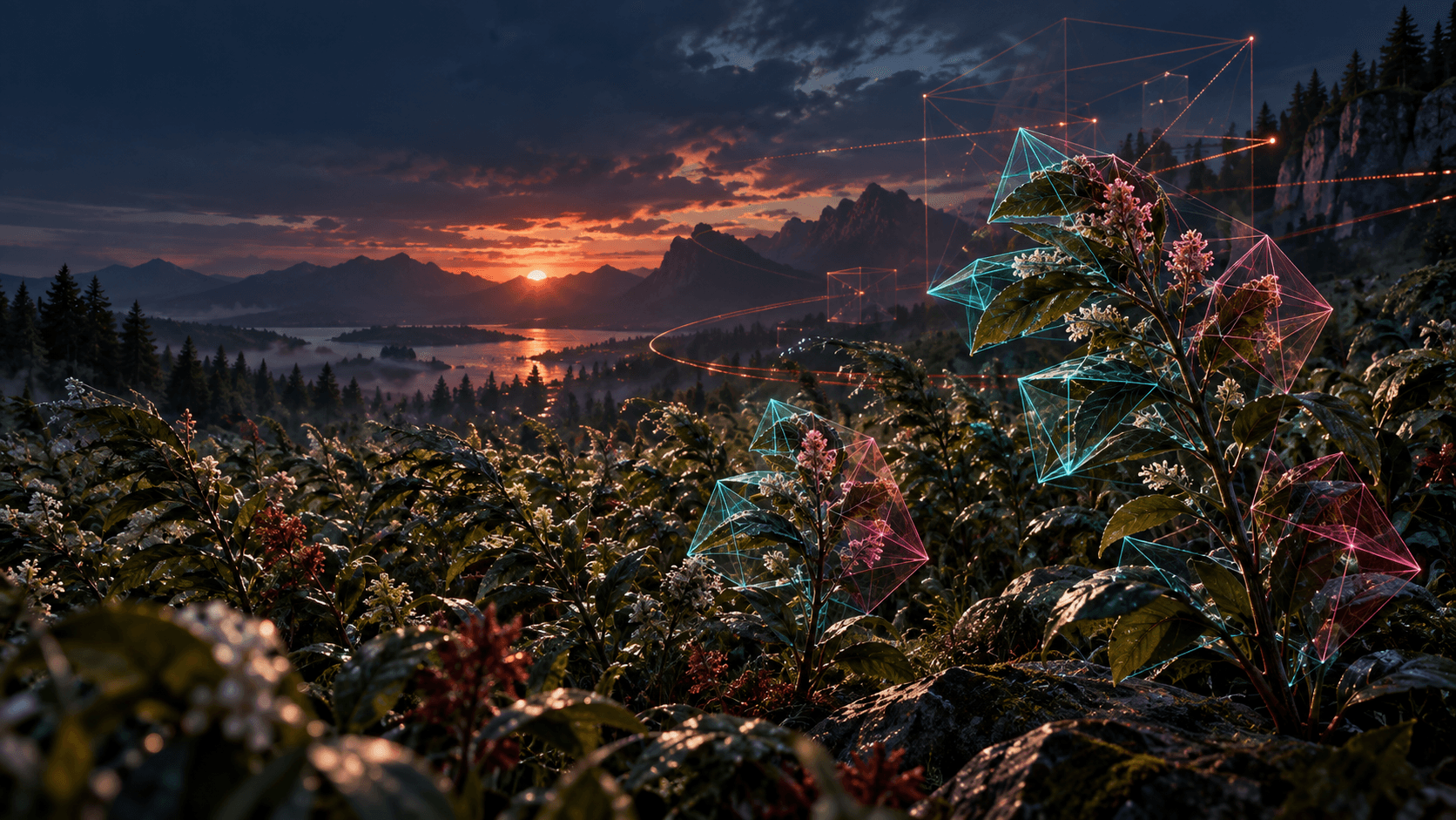A vast field of detailed plants at sunset with translucent tetrahedral wireframe cages surrounding selected leaves and branches.