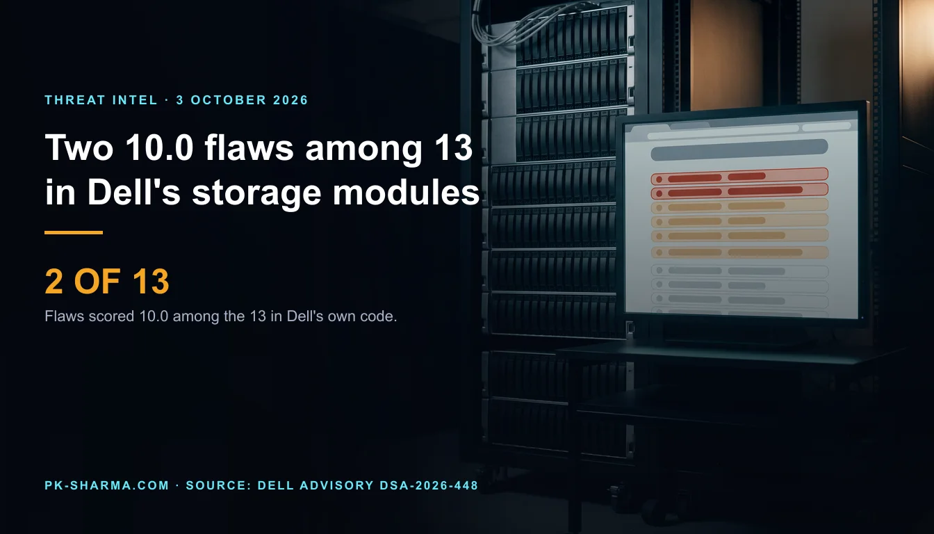 Editorial illustration for the briefing: Dell's CSM advisory has two 10.0 flaws among 13. The 'root on nodes' one is a 9.9 needing low privileges