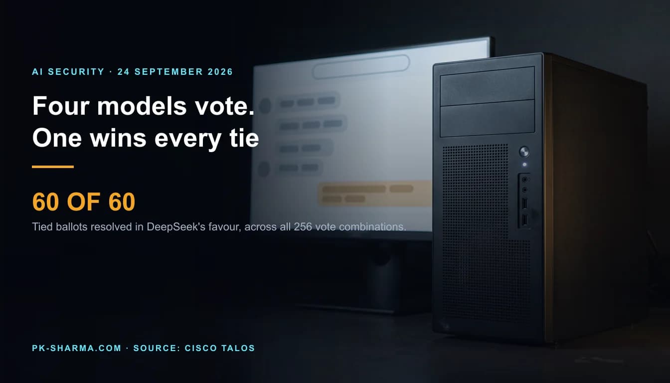 Editorial illustration for the briefing: The malware that lets four AI models vote has one voter who wins every tie